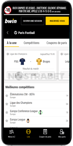 paris sur l'application bwin android sur le football