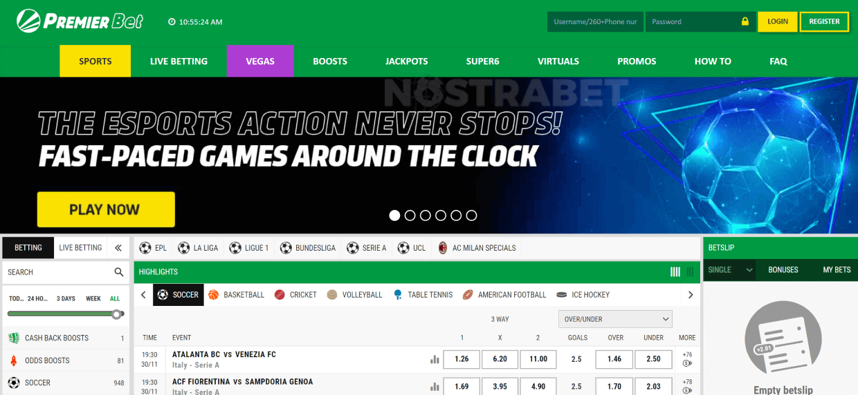 homepage of premierbet Zambia